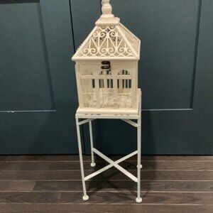 Decorative Cream Metal Birdcage on Stand - Elegant Accent